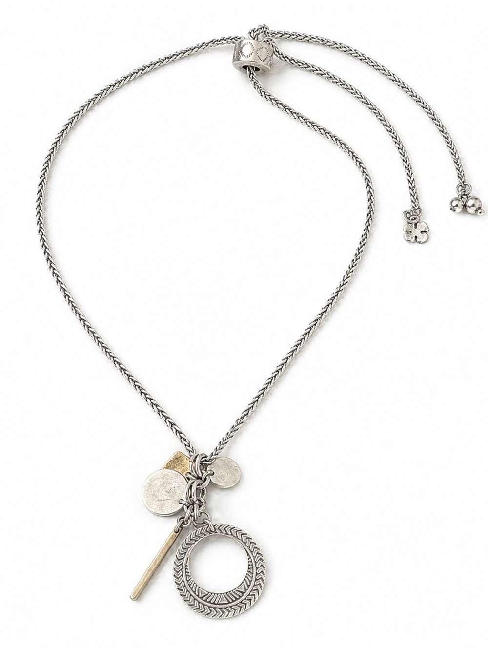 Mixed Metal Adjustable Bolo Necklace Silver Tone Circle Charm Statement Pendant